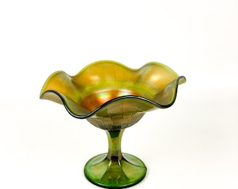 Vintage Northwood Carnival Glass Iridescent Pedestal Compote Basket Weave Dish 1908-25