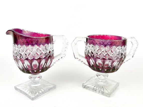 Vintage Westmoreland Waterford Glass Cranberry And Clear Heavy Creamer & Sugar Bowl Set Circa 1950's