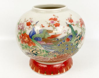 Vintage Japanese MING TAO Colorful Floral Peacock Vase Porcelain Glazed 4.5" High