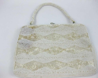 Vintage Vivant By Sarne Italian Beads Hand Beaded Ivory Handbag Clutch Japan