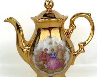 Vintage Leni Parbus Fragonard Porcelain Gold Courting Couple Coffee Pot 8.5"