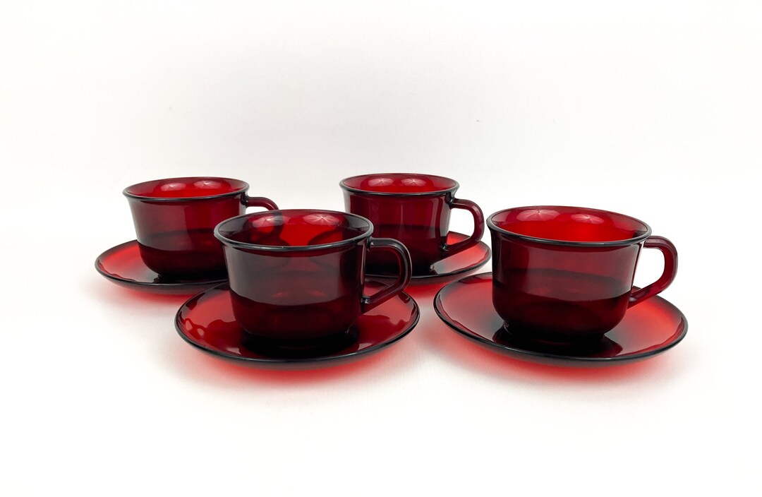 Vintage French Arcoroc Ruby Red Glass Tea Cups and Saucers Set of 4 Etsy