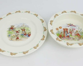 Royal Doulton Royal Doulton Bone China England Bunnykins See Saw Salad Plate~Rimmed Bowl Letter Box 1936