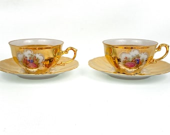 Vintage Leni Parbus Fragonard Porcelain Gold Courting Couple Tea Cups & Saucers (2 sets)
