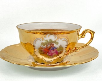 Vintage Leni Parbus Fragonard Porcelain Gold Courting Couple Tea Cup & Saucer Set