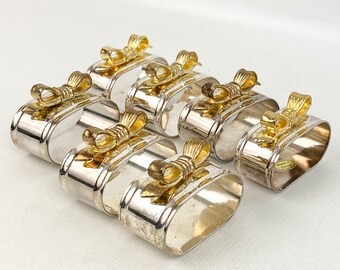 Vintage Royal Silver Silverplate Napkin Rings W/Gold Bows Set of 8