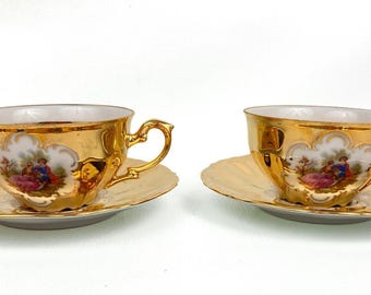 Vintage Leni Parbus Fragonard Porcelain Gold Courting Couple Tea Cups & Saucers 2 Sets