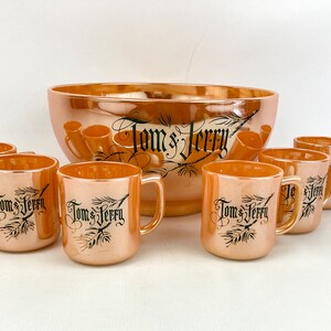 Vintage Peach Luster Ware Fire King Tom & Jerry Punch Bowl Set With 6 Cups