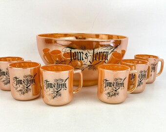 Vintage Peach Luster Ware Fire King Tom & Jerry Punch Bowl Set With 6 Cups