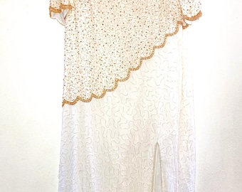 Vintage Beaded Drama Special Occasion Hand Beaded Evening Gown/dress Mother Of The Bride Silk Size B8