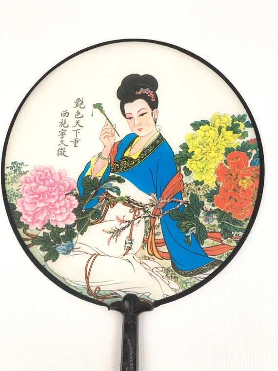 Asian Geisha Round Hand Held Fans Hand Painted On… - image 2