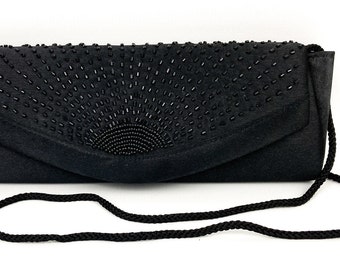 Vintage La Regale Womans Black Satin Beaded Clutch Evening Bag Purse Shoulder Bag