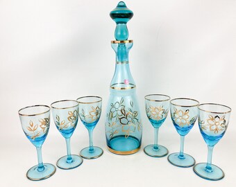 Vintage Romanian Aqua Blue Glass Decanter W/Stopper Plus 6 Wine Glasses Gold Trim & Floral Design Set