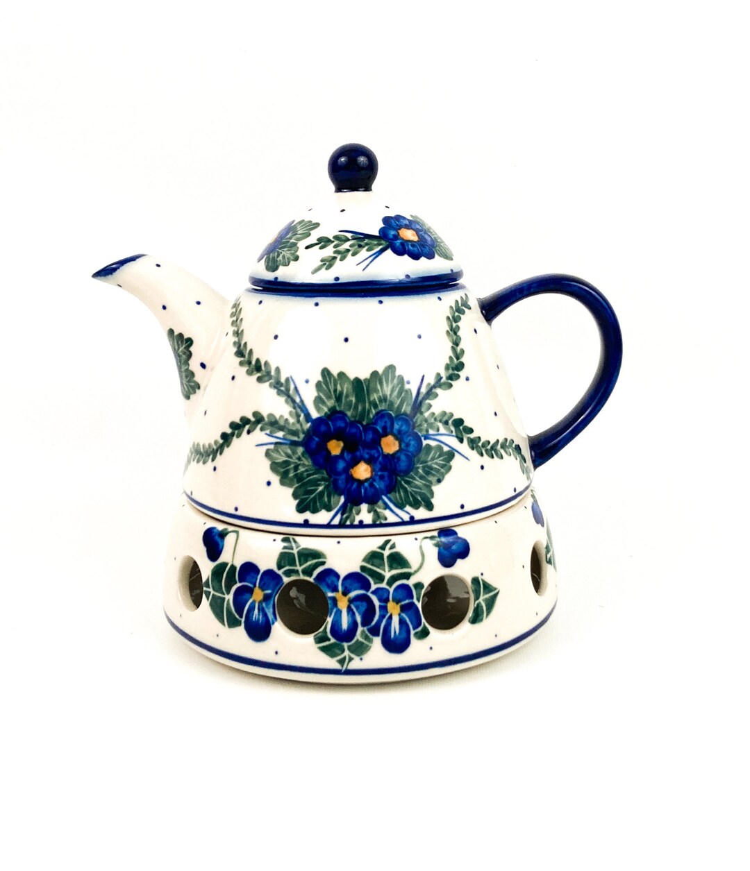 Polish UNIKAT Pottery Teapotcoffeepot With Warmer Stand Boleslawiec