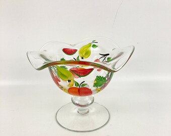 Casafina Romania Hand Painted Blown Glass Footed Bowl Fruit Design Ruffled Dish 5"