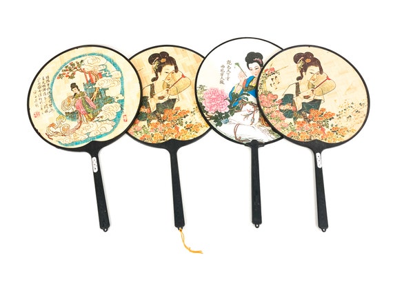 Asian Geisha Round Hand Held Fans Hand Painted On… - image 1