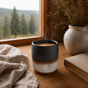 May include: A two-tone ceramic mug, black at the top and white at the bottom, containing a hot drink. The mug is on a wooden surface near a window. A vase with dried flowers and a book are also visible.