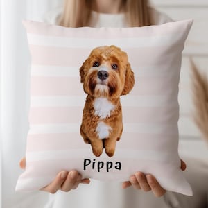 Benutzerdefinierte Cavapoo Haustierkissen, personalisiertes Hundekissen, Haustierfotokissen, Hundeliebhabergeschenk, gestreiftes Haustierwohndekor