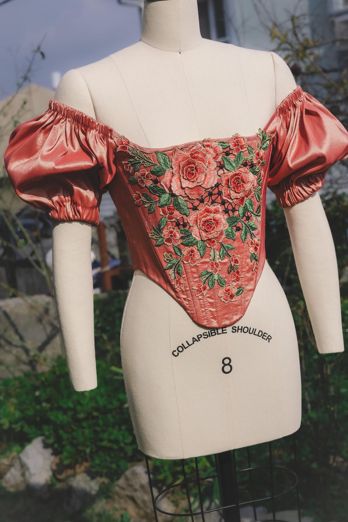 Romantic Rose Embroidered Corset With Puff Sleeves - Vintage-inspired