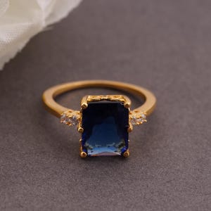 Blue Sapphire Gold Ring, 14K Yellow Gold Plated Emerald-Shaped Ring, Handmade Halo Ring, 925 Sterling Silver Ring For Women, Gift For Her