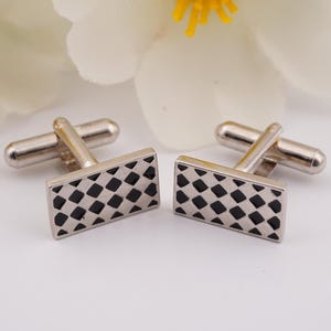 Checkerboard Design Round Cut Black Diamond Men's Cufflinks 14K White Gold & 925 Sterling Silver Handmade Suit Cufflinks Luxury Gift for Him