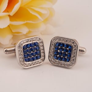 Blue Sapphire Silver Cufflinks, Handmade Diamond Cuffs For Men, 14k White Gold Plated Sterling Silver Cufflink, Suit Cufflinks, Gift For Him