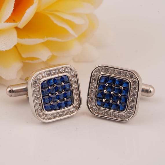 Blue Sapphire Silver Cufflinks, Handmade Diamond Cuffs for Men