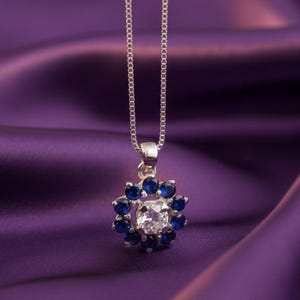 Dainty Blue Sapphire Pendant Necklace, Round-Shaped Diamond Halo Pendant For Her, 14k White Gold-Plated Charm Pendant Necklace, Gift For Her