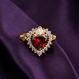 14k Yellow Gold Plated Sterling Silver Ring For Women, Red Garnet Heart-Shaped Gemstone Ring, Handmade Halo Design, Unique Gold Ring For Her
