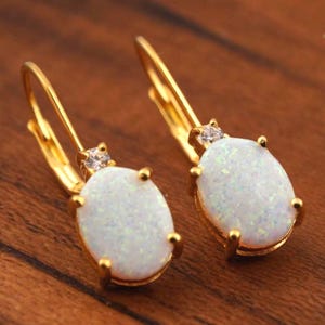 Lever-back Opal Earrings, October Birthstone Jewelry, 14k Yellow Gold Oval White Opal Earrings, Gift for Her, Women&#39;s Gemstone Earrings