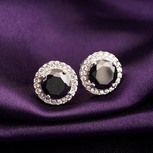 Black Onyx Gemstone Stud Earrings, 14k White Gold Plated Sterling Silver Earrings For Women, Round Diamond Halo Design Studs, Gift For Her