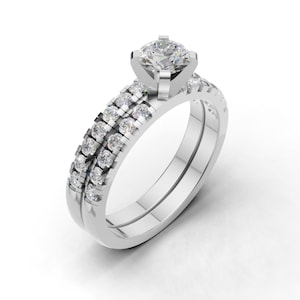 14k White Gold Finish Ring, Round Shaped Solitaire with Accents Bridal Statement Ring , Women&#39;s Engagement Ring, Gift For Her