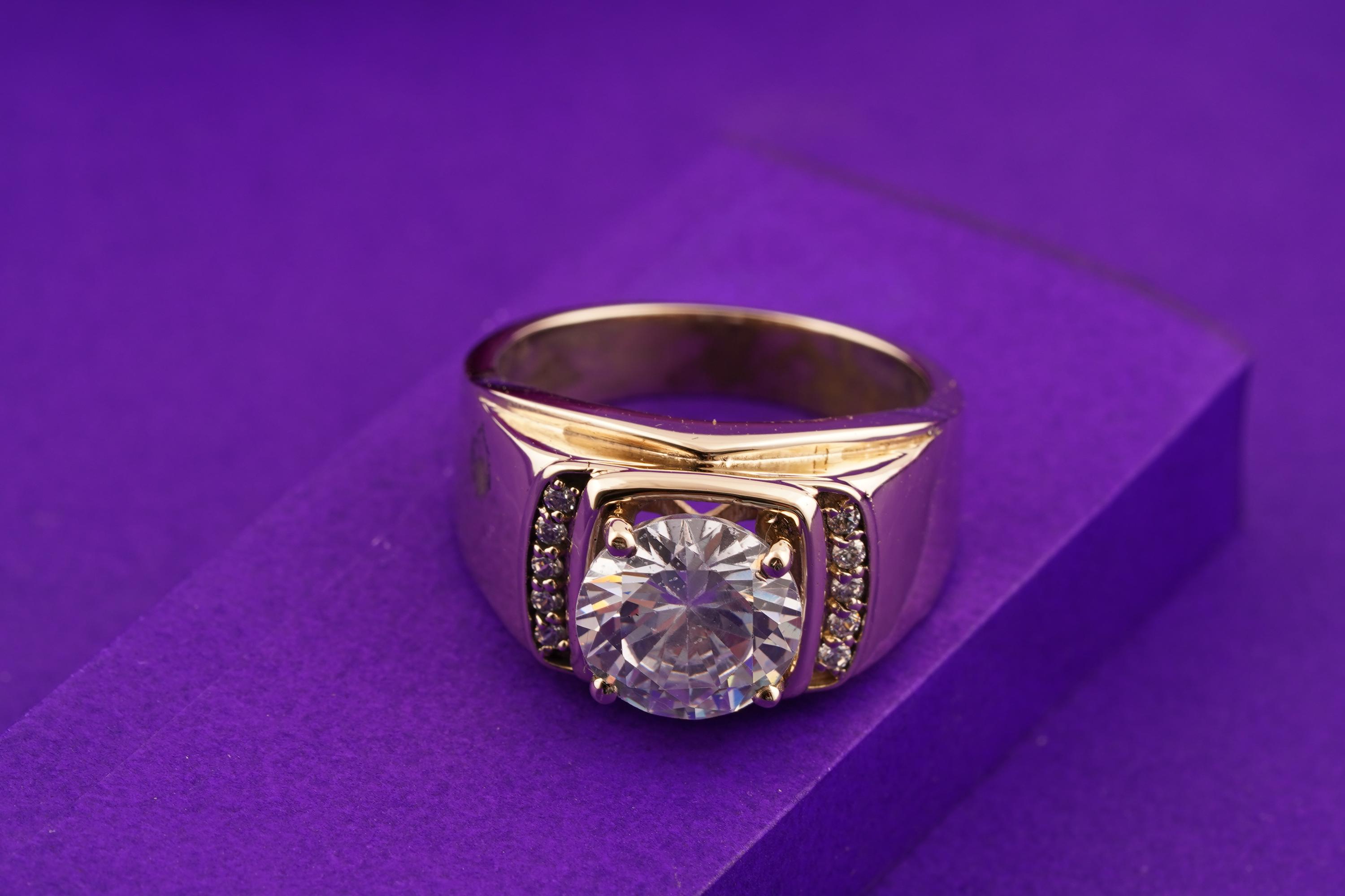 Moissanite Gold Band Ring, Solitaire Round Diamond Ring, 925 Sterling Silver Handmade Ring For Mens, 14k Gold Plated Ring, Gift For Him