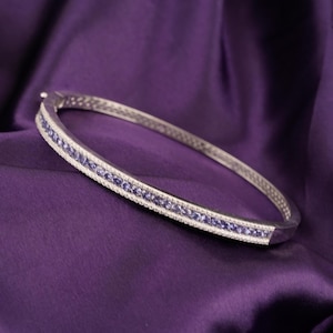 Blue Tanzanite Bangle, 14k White Gold Plated Sterling Silver Bangle For Women, Handmade Round Cut Diamond Bangle, Trendy Bangle For Her