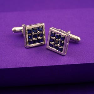 Blue Sapphire Silver Cufflinks, 14k White Gold Plated Sterling Silver Cufflinks For Men, Handmade Blue Stone Cufflinks, Suit Cuffs For Men