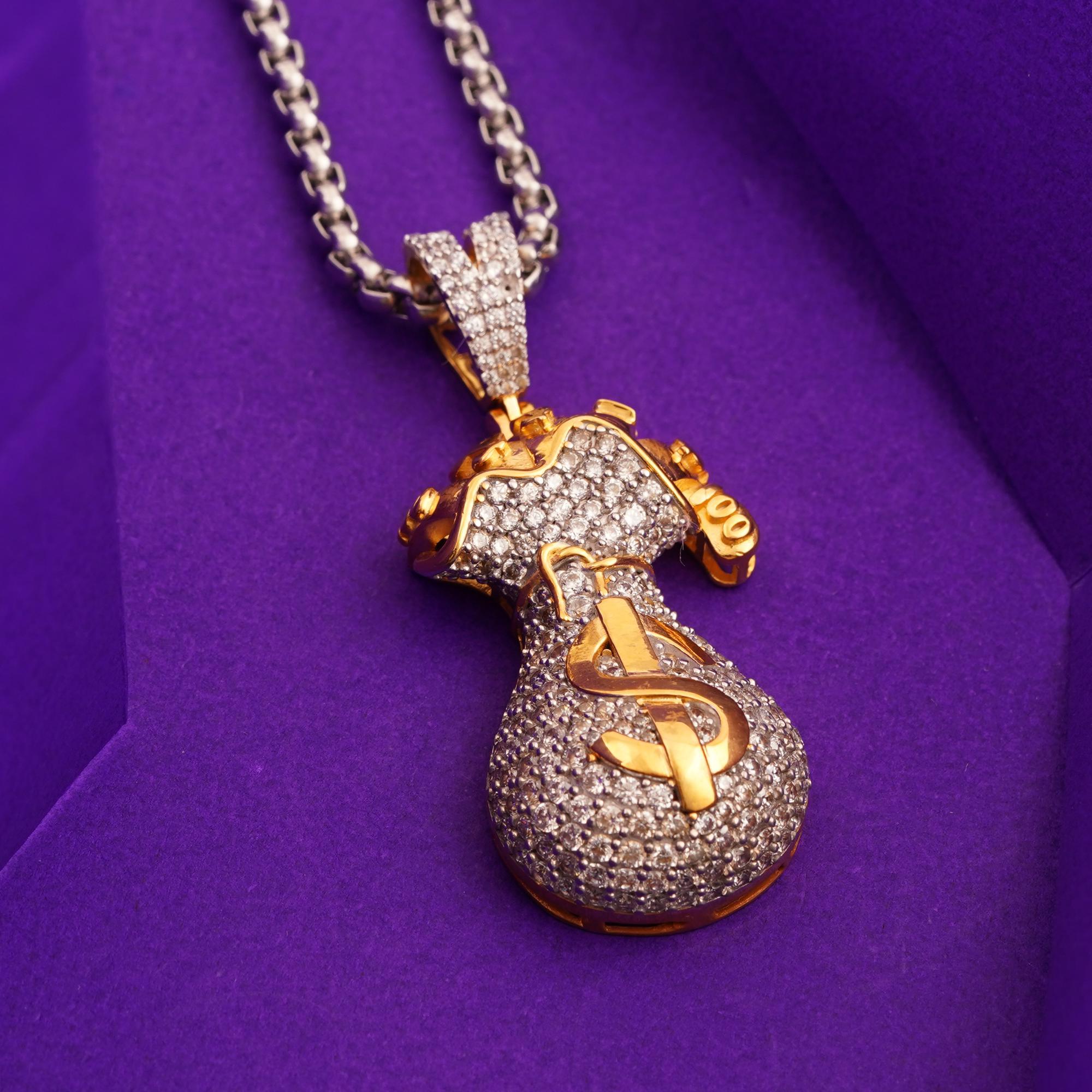 アイスド マネーバッグペンダント、ツートンカラー 14K ゴールドメッキ