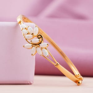 Marquise Opal Diamond Women&#39;s Bangle Bracelet 14K Yellow Gold Handmade Bangle Gift For Her 925 Sterling Silver Opal Bangle Wedding Jewelry