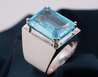 Blue Topaz 14K White Gold Plated Ring, Heavy Men Blue Topaz Gemstone Men&#39;s Ring, Handmade Emerald Shaped Ring, 925 Sterling Silver Ring