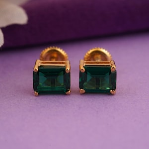 Green Emerald Stud Earrings, Handmade Screw Back Studs For Women, Sterling Silver 14k Yellow Gold Plated Earrings, Anniversary Gift For Her