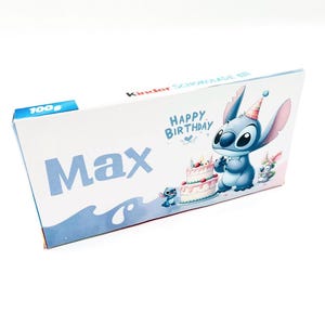 NOVOS Adesivos de Chocolate Kinder – 2 adesivos personalizados para barras Kinder – Stitch – Lembrancinha de aniversário – Feliz Aniversário