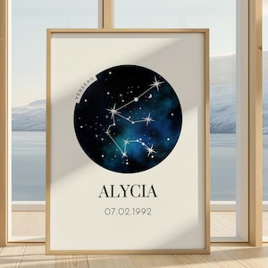 Póster personalizado signo astrológico con constelaciones estelares nombre y fecha de nacimiento