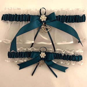 Teal DOUBLE HEART on White Organza Wedding Garter Set