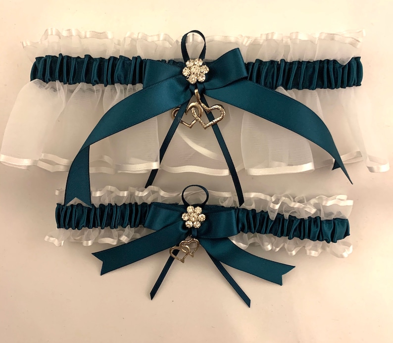 Teal** on White Organza Wedding Garter Set
