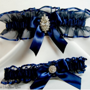 NAVY BLUE wedding garters with big beautiful RHINESTONE or prom garter
