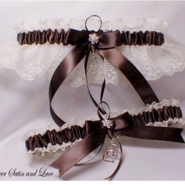 Ensemble de jarretelles de mariage en dentelle ivoire DOUBLE COEUR CHOCOLAT