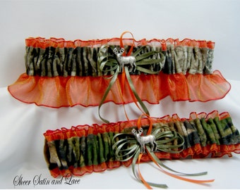 MOSSY OAK Camouflage wedding garters deer Camo garter Orange