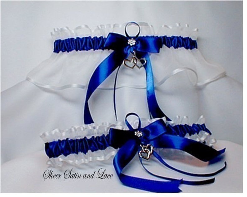 Blue wedding garters Double Heart Wedding garter ROYAL blue Garter set prom garters