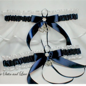 DOUBLE HEART NAVY blue Wedding garters Garter set