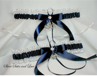 DOBLE CORAZÓN NAVY azul Ligas de boda Conjunto de ligas