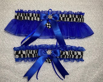 Checkered flag royal blue racing wedding garter set garters